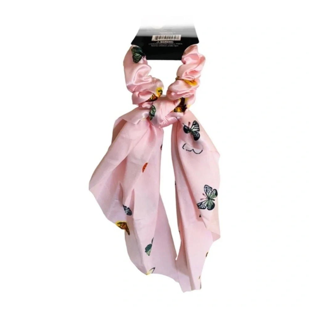 4 Butterfly print satin look black, pink, blue‎ ivory hair scrunchie scarves new